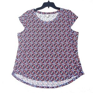 Emaline Geometric Blouse Womens L Blue Orange Cap Sleeve Round Neck Pullover Top